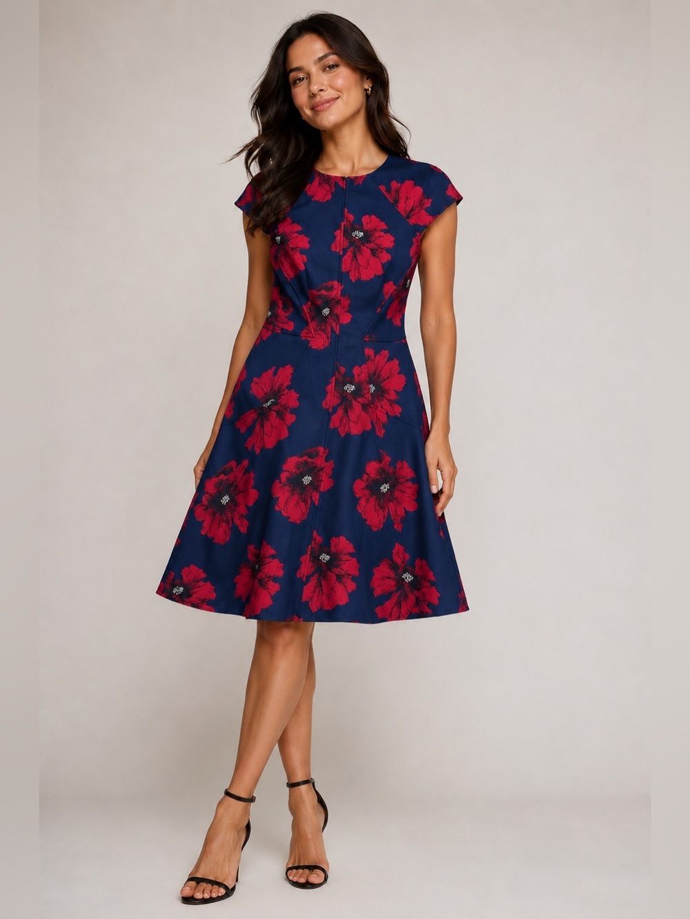 Lela Rose Navy Red Floral Fit & Flare Dress Sz 6 Elegant Cocktail Occasion Dress